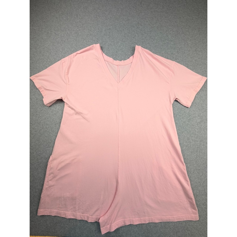 Pink V-Neck Short Sleeve Knit Romper with Pockets